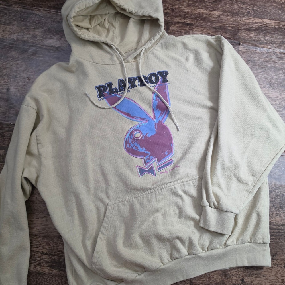 PLAYBOY Hoodie Mens XL Tan Graphic Bunny Logo Fleece Pullover Pocket‎
